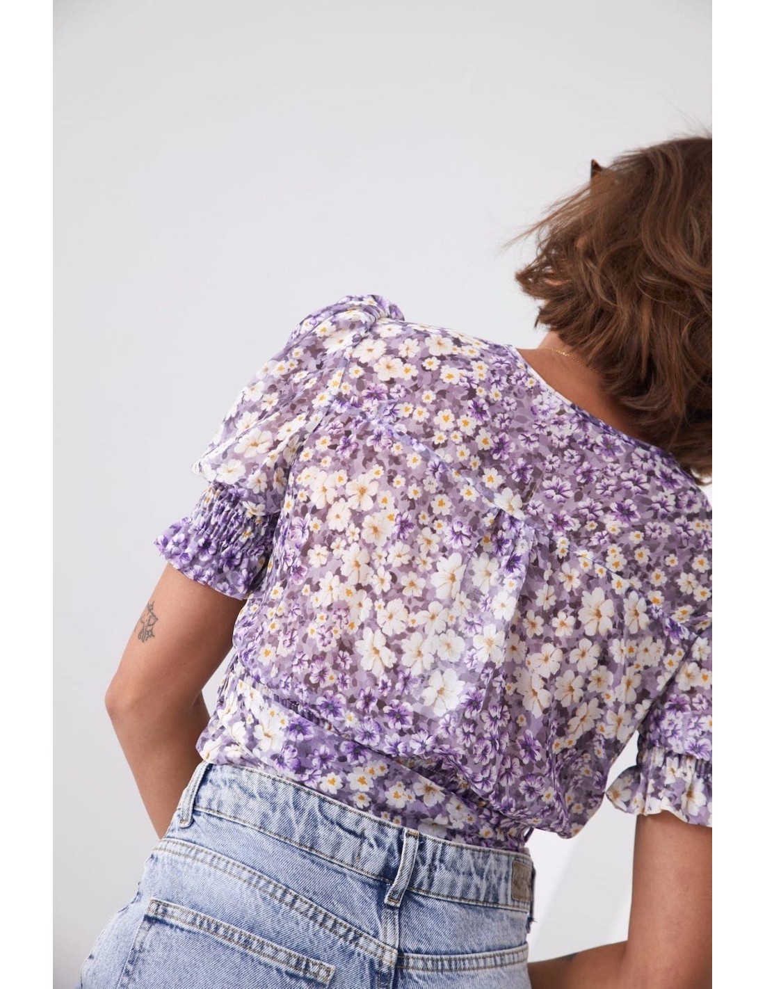 Short envelope blouse with flowers and a belt, purple and cream 02041 - Online store - Boutique